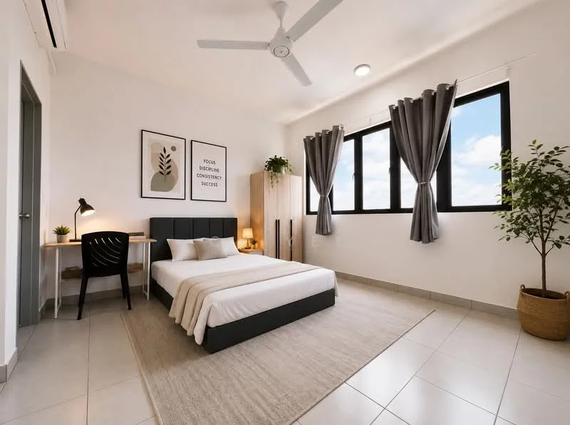 Bedroom features: queen-size bed with upholstered headboard, white bedding, 2 bedside lamps, study desk with chair, floor-to-ceiling windows, grey curtains, light grey area rug, built-in wardrobe, decorative plant in pot, wall art with framed prints, ceiling fan with light, neutral painted walls, tile flooring; style: modern; view: sky.