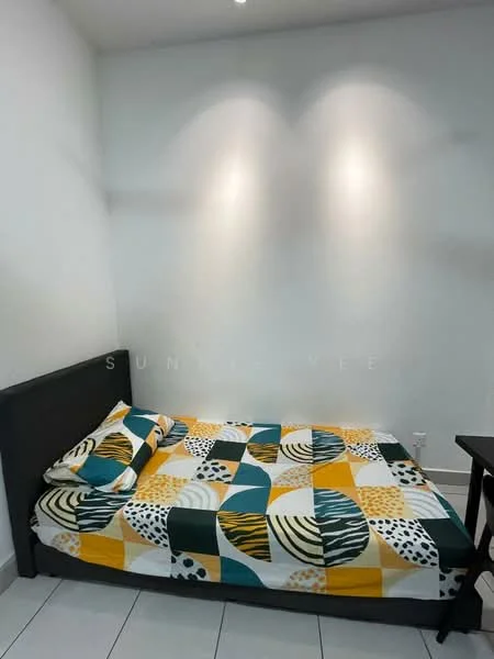 Bedroom features: queen-size bed, colorful patterned bedding with geometric design, white painted walls, recessed lighting, tile flooring, nightstand, minimalist decor; style: modern.
