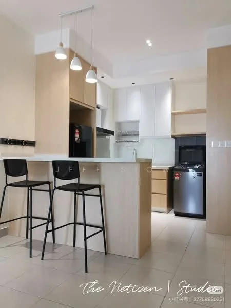 Kitchen features: white cabinetry, wooden cabinetry, stainless-steel fridge, built-in oven, 4-burner gas hob, stainless-steel range hood, white quartz countertop, pendant lighting, bar seating with black stools, ceramic tile flooring, recessed downlights; style: modern.