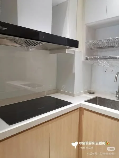 Kitchen features: single-bowl stainless-steel sink, chrome pull-down faucet, black glass induction cooktop, stainless-steel range hood, white quartz countertop, light wood cabinetry, open shelving, tile backsplash; style: modern.