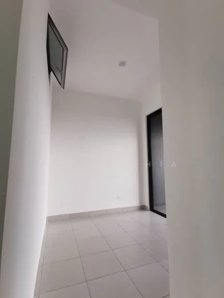 Room features: white painted walls, tile flooring, ceiling light, wall-mounted TV, black framed glass door, neutral color scheme; style: modern.