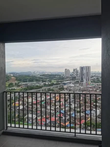 Room features: balcony with railing, city skyline view, grey tiled flooring, concrete walls, overcast sky, urban landscape, surrounding buildings, distant hills; style: modern; view: city.