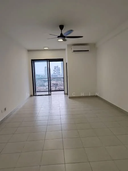 Living features: white painted walls, tile flooring, 5-blade ceiling fan, 1 wall-mounted split AC, floor-to-ceiling sliding glass door, balcony access, natural light from windows, neutral color scheme; style: modern; view: city.