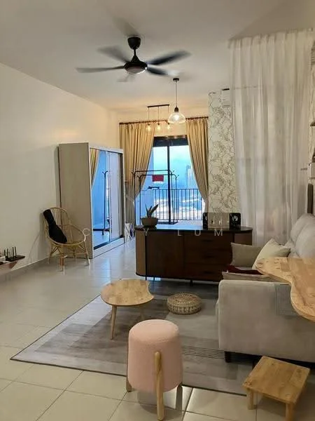 Living features: light grey walls, white ceiling, 5-blade ceiling fan with light, floor-to-ceiling windows, sliding glass door, curtains, light-coloured sofa, wooden coffee table, pink stool, wooden side table, rattan chair, area rug with geometric pattern, TV console, decorative wall panel; style: modern; view: city.