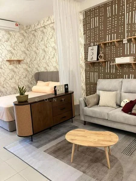 Living features: grey fabric 3-seater sofa, wooden coffee table, decorative wall with patterned wallpaper, shelf with decorative items, plant in ceramic pot, light-colored area rug, wall-mounted air conditioning unit, bed with light-colored bedding in background; style: modern.