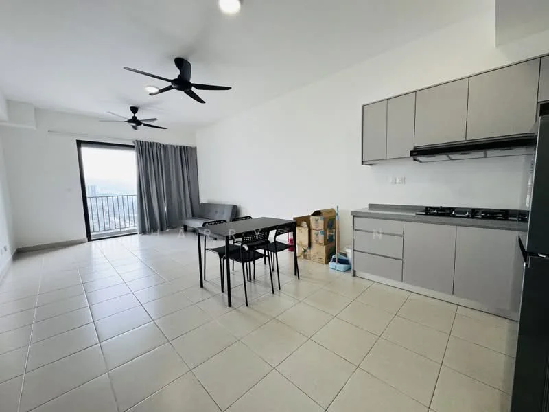 Living features: grey tiled flooring, white painted walls, 2 ceiling fans, floor-to-ceiling windows, sliding glass door, grey kitchen cabinets, stainless-steel gas hob, stainless-steel range hood, black dining table with 4 chairs, sofa bed, curtains, boxes for storage; style: modern; view: city.