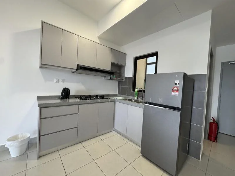 Kitchen features: grey flat-panel cabinets, white countertop, stainless-steel fridge, built-in gas hob, exhaust hood, single-bowl stainless-steel sink, wall-mounted cabinet, tile backsplash, ceramic tile flooring, window, fire extinguisher, white waste bin; style: modern.