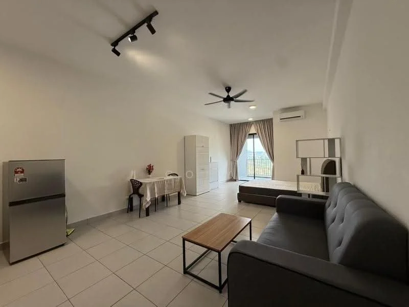 Living features: grey fabric sofa, wood coffee table, refrigerator, white dining table with chairs, ceiling fan, wall-mounted air conditioning unit, floor-to-ceiling windows, curtains, tile flooring, light fixtures, decorative plant; style: modern; view: city.