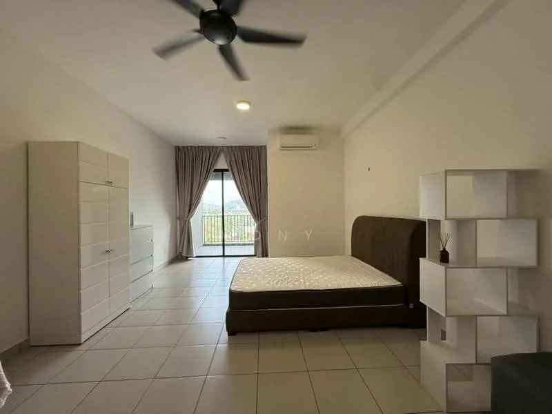 Bedroom features: queen-size bed, upholstered headboard, white painted walls, tile flooring, 5-blade ceiling fan, floor-to-ceiling windows, curtains, built-in wardrobe, white dresser, decorative shelving unit; style: modern; view: city.