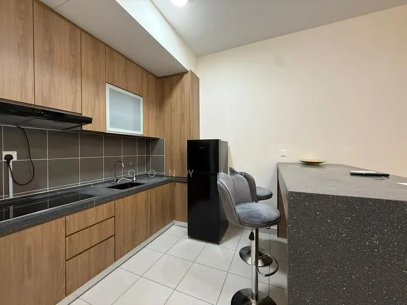 Kitchen features: wood cabinetry, black countertop, stainless-steel sink, chrome pull-down faucet, built-in oven, electric cooktop, black fridge, bar stools, grey tile backsplash, white walls, tile flooring, under-cabinet lighting; style: modern.