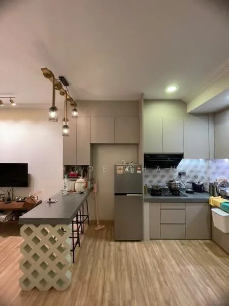 Kitchen features: grey cabinetry, black countertop, stainless-steel fridge, built-in oven, 4-burner gas hob, white backsplash, pendant lighting with glass shades, wooden flooring, open shelving, kitchen island with seating, sink with gooseneck faucet; style: modern.