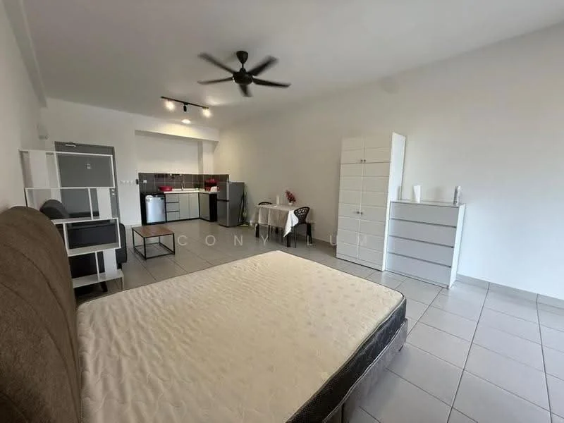 Room features: queen-size bed, upholstered headboard, ceiling fan, tile flooring, kitchenette with countertop, stainless-steel fridge, built-in wardrobe, dining table, white dresser, open shelving unit, wall-mounted light fixture; style: modern.