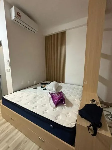 Bedroom features: queen-size bed with mattress, wooden bed frame, built-in wardrobe, light wood paneling on wall, white painted walls, laminate flooring, wall-mounted split AC, decorative area rug; style: modern.