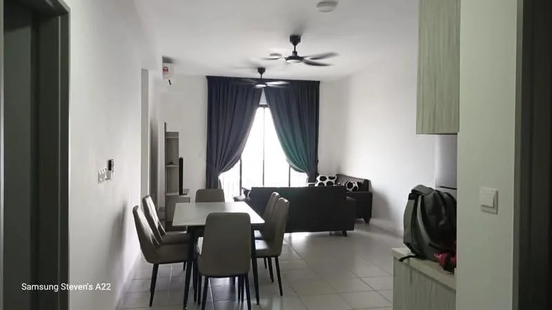Living features: white painted walls, tile flooring, 5-blade ceiling fan, large sliding glass door, floor-to-ceiling curtains, sofa in dark color, dining table with 6 chairs, decorative cushions, wall-mounted TV, open shelving unit, decorative wall art; style: modern.