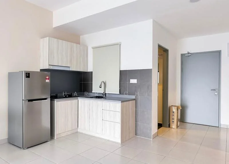 Kitchen features: light wood cabinetry, black countertop, stainless-steel fridge, single-bowl stainless-steel sink, chrome pull-down faucet, grey tile backsplash, ceramic tile flooring, window with roller blinds, open layout, wall-mounted cabinet, kitchen island, doorway to hallway; style: modern.