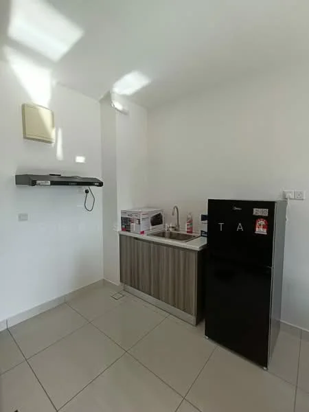 Kitchen features: single-bowl stainless-steel sink, chrome pull-down faucet, black refrigerator, built-in kitchen cabinet with wood finish, microwave, exhaust hood, grey tiled flooring, white painted walls, wall-mounted electrical outlet; style: modern.