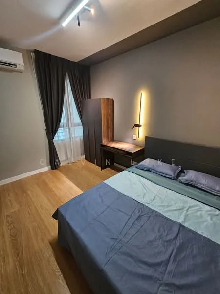 Bedroom features: queen-size bed with blue and grey bedding, wooden bedside table, wall-mounted reading light, floor-to-ceiling window with sheer curtains, dark wood wardrobe, light wood flooring, wall-mounted air conditioning unit, painted grey walls; style: modern; view: city.