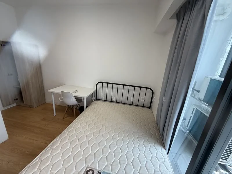 Bedroom features: wooden flooring, white painted walls, single bed frame, mattress on bed frame, study desk, white chair, curtains, floor-to-ceiling window, air conditioning unit; style: modern; view: city.