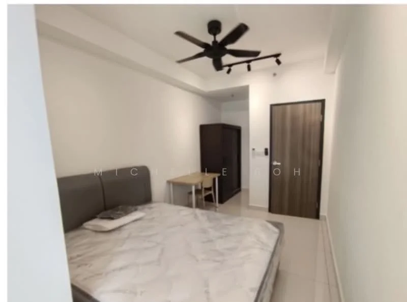 Bedroom features: queen-size bed, upholstered headboard, 5-blade ceiling fan with light, wall-mounted light fixtures, white painted walls, tile flooring, built-in wardrobe, small dining table, chair; style: modern.