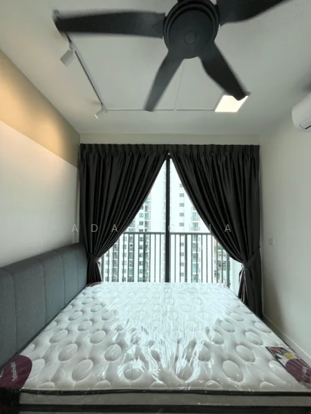 Bedroom features: queen-size bed, upholstered headboard, 5-blade ceiling fan with light, floor-to-ceiling windows, blackout curtains, grey accent wall, white painted walls, air conditioning unit; style: modern; view: city.