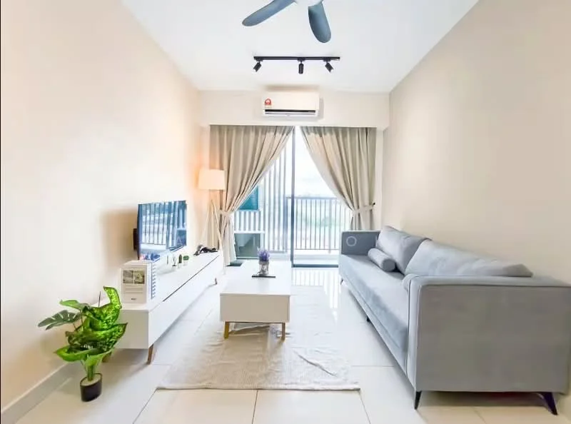 Living features: 3-seater fabric sofa in grey, white coffee table, TV console, wall-mounted TV, area rug, floor-to-ceiling windows, sheer curtains, sliding glass door, ceiling fan, wall-mounted split AC, decorative plant in ceramic pot, lamp, light fixtures with track lighting; style: modern; view: garden.