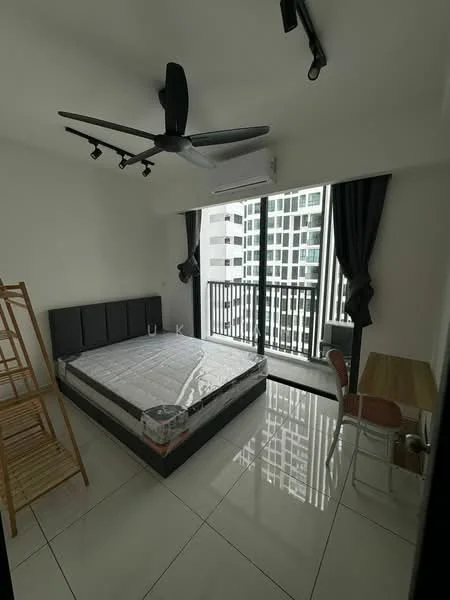 Bedroom features: king-size bed, upholstered headboard, 5-blade ceiling fan with light, 1 wall-mounted split AC, floor-to-ceiling windows, blackout curtains, white painted walls, glossy ceramic tile flooring, study desk, wooden chair, ladder shelf; style: modern; view: city.