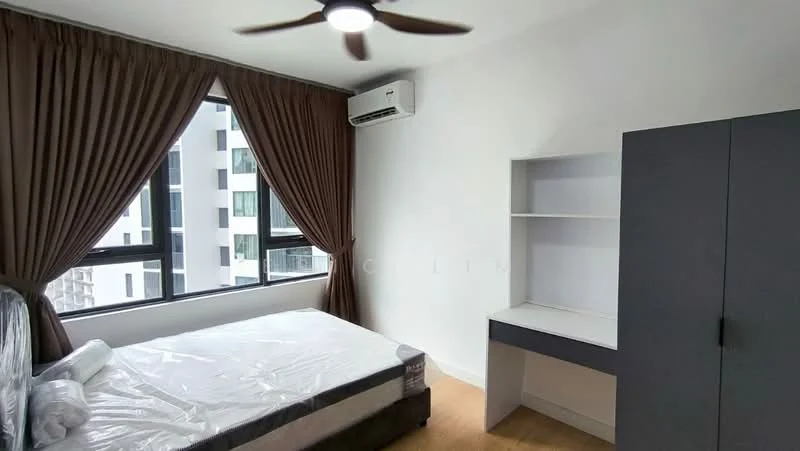 Bedroom features: queen-size bed with mattress, 5-blade ceiling fan with light, floor-to-ceiling windows, brown curtains, light wood flooring, built-in wardrobe with grey finish, study desk with shelving, air conditioning unit; style: modern; view: city.