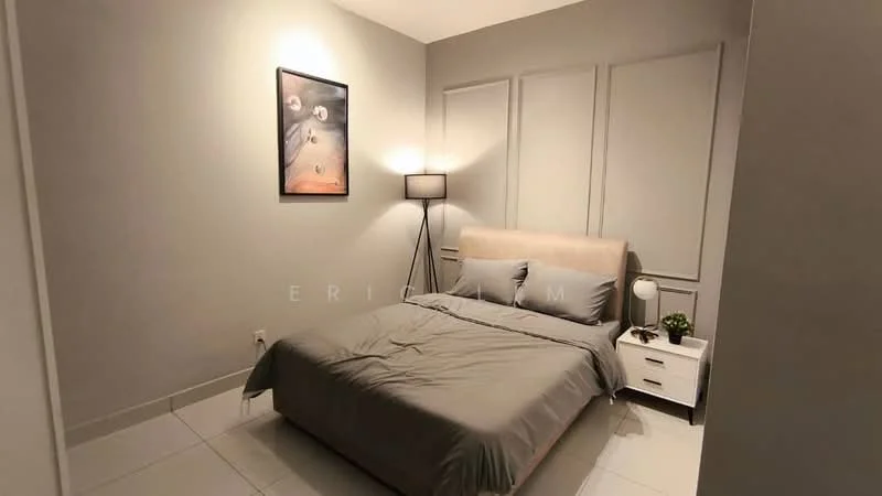 Bedroom features: queen-size bed with beige upholstered headboard, grey bedding, white bedside table, table lamp with black shade, framed artwork on wall, grey painted walls, tile flooring, window with no visible treatment; style: modern.