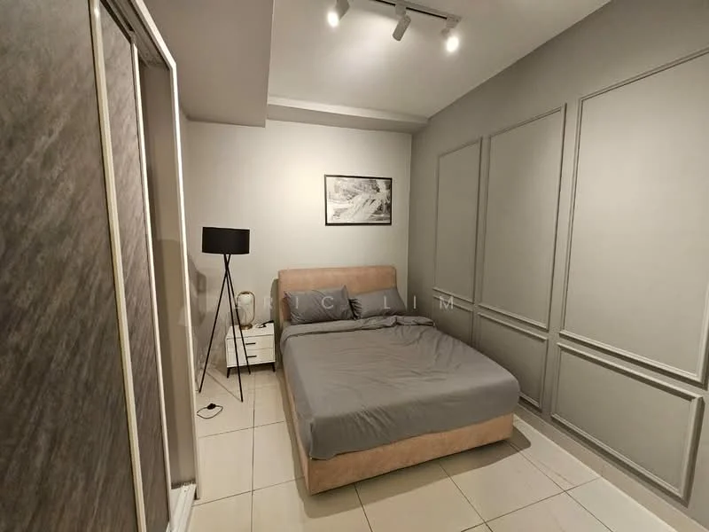 Bedroom features: queen-size bed with beige upholstered headboard, grey bedding, white walls with decorative paneling, recessed ceiling lights, floor-to-ceiling wardrobe with sliding doors, laminate flooring, black floor lamp, nightstand with drawer, framed artwork on wall, decorative wall paneling; style: modern.