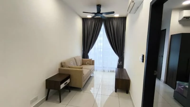 Living features: beige fabric sofa, wooden coffee table, white painted walls, grey curtains, recessed downlights, 5-blade ceiling fan with light, glossy tile flooring, air conditioning unit; style: modern.