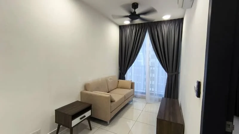 Living features: beige fabric sofa, white painted walls, tile flooring, 5-blade ceiling fan with light, floor-to-ceiling windows, sheer curtains, dark wood side table, dark wood console table, recessed downlights; style: modern; view: city.