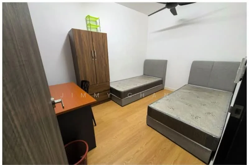 Bedroom features: two single beds with grey upholstered headboards, wooden wardrobe with drawers, desk with chair, wooden flooring, ceiling fan, white painted walls; style: modern.