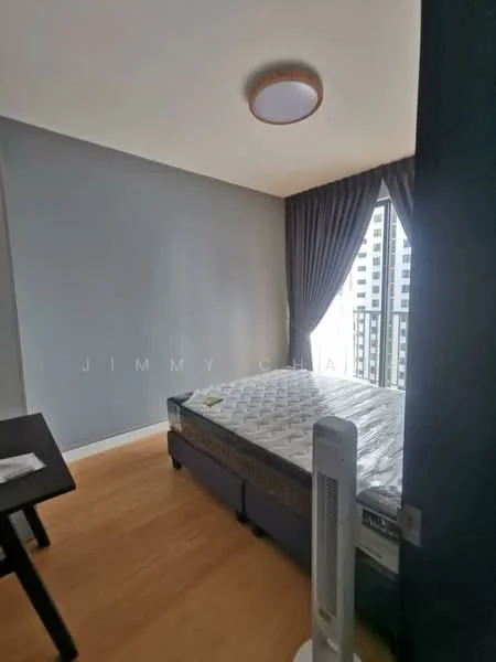 Bedroom features: queen-size bed, grey painted walls, wooden flooring, floor-to-ceiling windows, blackout curtains, ceiling light fixture, bedside table, fan, mattress on bed frame; style: modern; view: city.