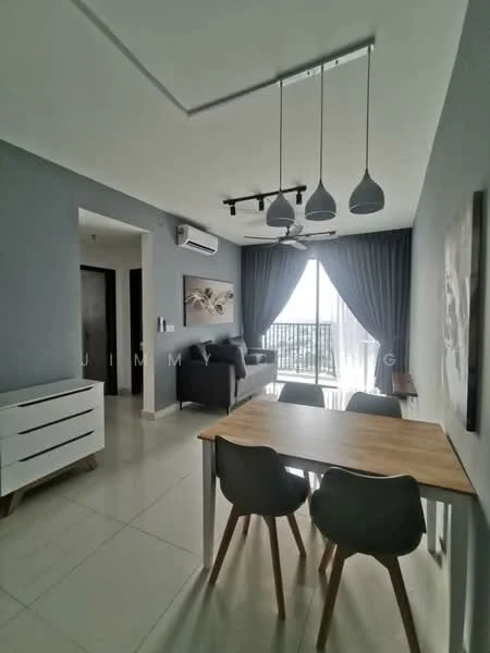 Dining features: dining table with wooden top, 4 grey upholstered dining chairs, white sideboard with drawers, floor-to-ceiling windows, grey curtains, recessed downlights, 5-blade ceiling fan, air conditioning unit on wall, light grey painted walls, glossy white tile flooring; style: modern; view: city. Living features: black fabric sofa, decorative wall art, TV console, area rug, sliding glass door, natural light from window; style: modern; view: city.