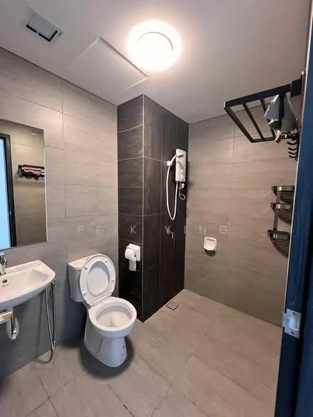 Bathroom features: grey ceramic tile flooring, dark grey wall tiles, white painted walls, single-sink vanity with wall-mounted faucet, framed mirror, one-piece toilet, handheld shower, shower head mounted on wall, towel rack, toilet paper holder, open shelving unit; style: modern.