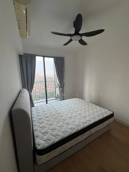 Bedroom features: queen-size bed, upholstered headboard, floor-to-ceiling windows, sliding glass door, sheer curtains, 5-blade ceiling fan, light wood flooring, white painted walls; style: modern; view: city.