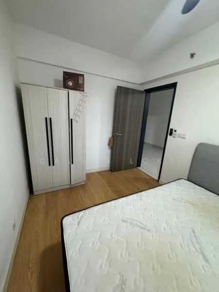 Bedroom features: light wood flooring, grey upholstered bed frame, mattress on bed frame, white walls, built-in wardrobe with two doors, wooden door, window with no visible treatment, minimalist decor; style: modern.