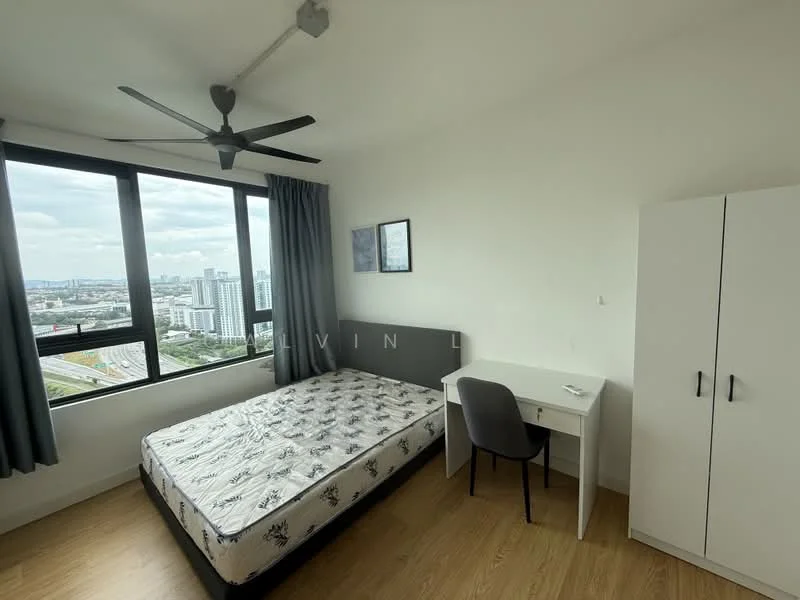 Bedroom features: queen-size bed with mattress, 5-blade ceiling fan, floor-to-ceiling windows, grey curtains, wooden flooring, white painted walls, study desk with chair, white wardrobe, framed artwork on wall; style: modern; view: city.