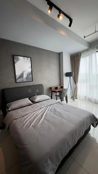 Bedroom features: king-size bed with grey bedding, upholstered headboard, floor-to-ceiling windows with sheer curtains, grey accent wall, white painted walls, polished tile flooring, desk with chair, standing lamp, track lighting, framed artwork on wall; style: modern; view: city.