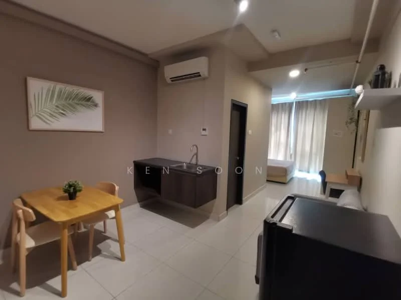 Room features: light grey painted walls, white ceiling, tile flooring, 1 wall-mounted split AC, wooden dining table with 2 chairs, dark wood cabinetry, stainless-steel fridge, large window with sheer curtains, decorative wall art with leaf pattern, open layout, kitchenette area; style: modern.