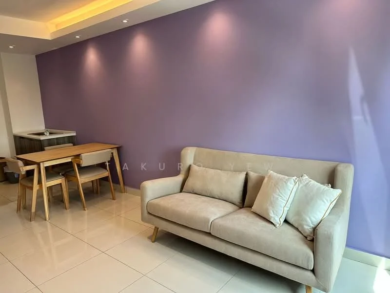 Living features: purple accent wall, white painted walls, glossy tile flooring, 3-seater fabric sofa in beige, decorative cushions, wooden dining table, 4 wooden dining chairs, recessed downlights, open space layout; style: modern.