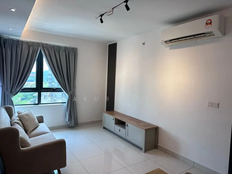 Living features: 3-seater fabric sofa in beige, TV console with wooden top, white painted walls, glossy ceramic tile flooring, floor-to-ceiling window, sheer curtains, wall-mounted air conditioning unit, recessed downlights, decorative wall paneling; style: modern; view: city.