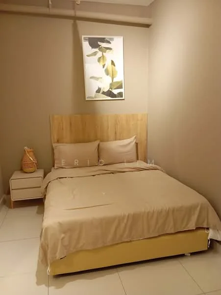 Bedroom features: king-size bed with wooden headboard, beige bedding, two bedside tables, decorative wall art, cream painted walls, tile flooring, lamp on bedside table, window with natural light; style: modern.