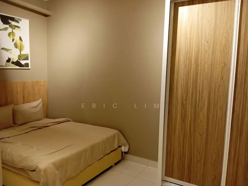 Bedroom features: queen-size bed with beige bedding, wooden headboard, built-in wardrobe with sliding doors, cream painted walls, tile flooring, framed artwork on wall, soft lighting, window with no visible treatment; style: modern.