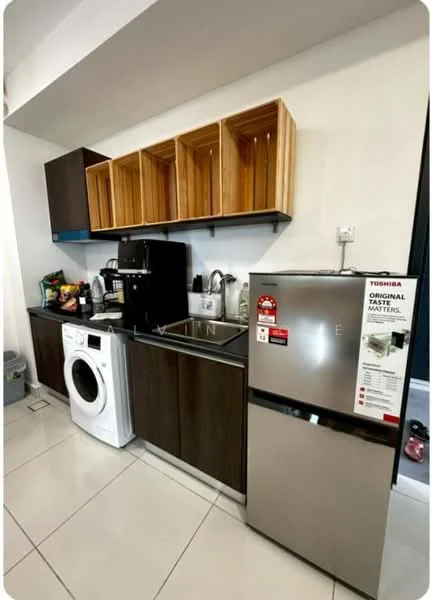 Kitchen features: dark wood cabinetry, open shelving with wooden boxes, stainless-steel sink, chrome faucet, built-in coffee machine, microwave, stainless-steel fridge, front-load washing machine, ceramic tile flooring, white walls, recessed lighting; style: modern.