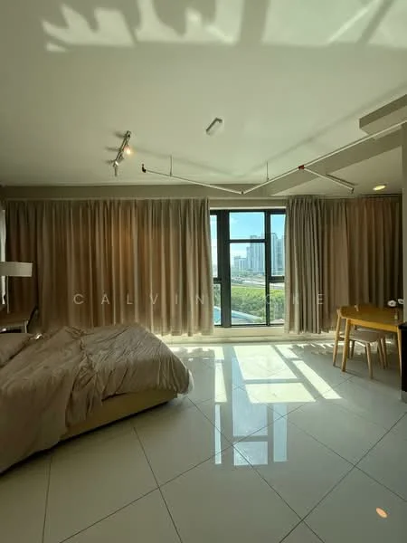 Bedroom features: king-size bed with beige bedding, floor-to-ceiling windows, sheer curtains, white painted walls, tile flooring, track lighting, study desk with chair, decorative wall light; style: modern; view: city.