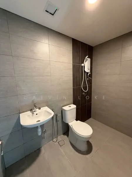Bathroom features: grey ceramic tile flooring, grey wall tiles, dark accent wall, white toilet, single-sink vanity with chrome faucet, shower with wall-mounted water heater, handheld shower, mirror above sink, exhaust fan, recessed lighting; style: modern.