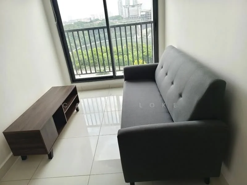 Living features: grey fabric 2-seater sofa, wooden TV console, floor-to-ceiling windows, city view, glossy white tile flooring, white painted walls, natural light, minimalist decor; style: modern; view: city.