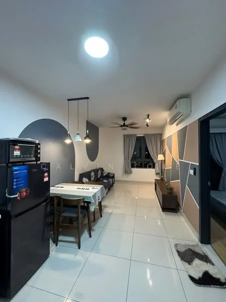 Living features: white painted walls, grey accent wall, polished ceramic tile flooring, 5-blade ceiling fan with light, recessed downlights, floor-to-ceiling windows, sheer curtains, blackout curtains, dining table with 4 chairs, black refrigerator, TV console, decorative lamp, area rug with geometric pattern; style: modern.