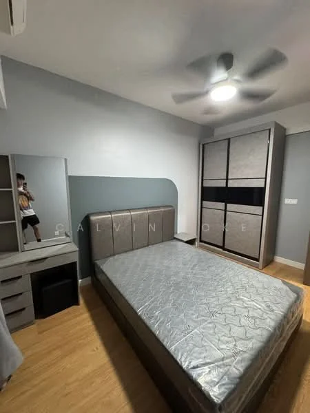 Bedroom features: queen-size bed, upholstered headboard, grey bedding, wooden flooring, ceiling fan, built-in wardrobe with sliding doors, dressing table with mirror, desk, wall-mounted mirror, painted walls in light grey, curtains; style: modern.